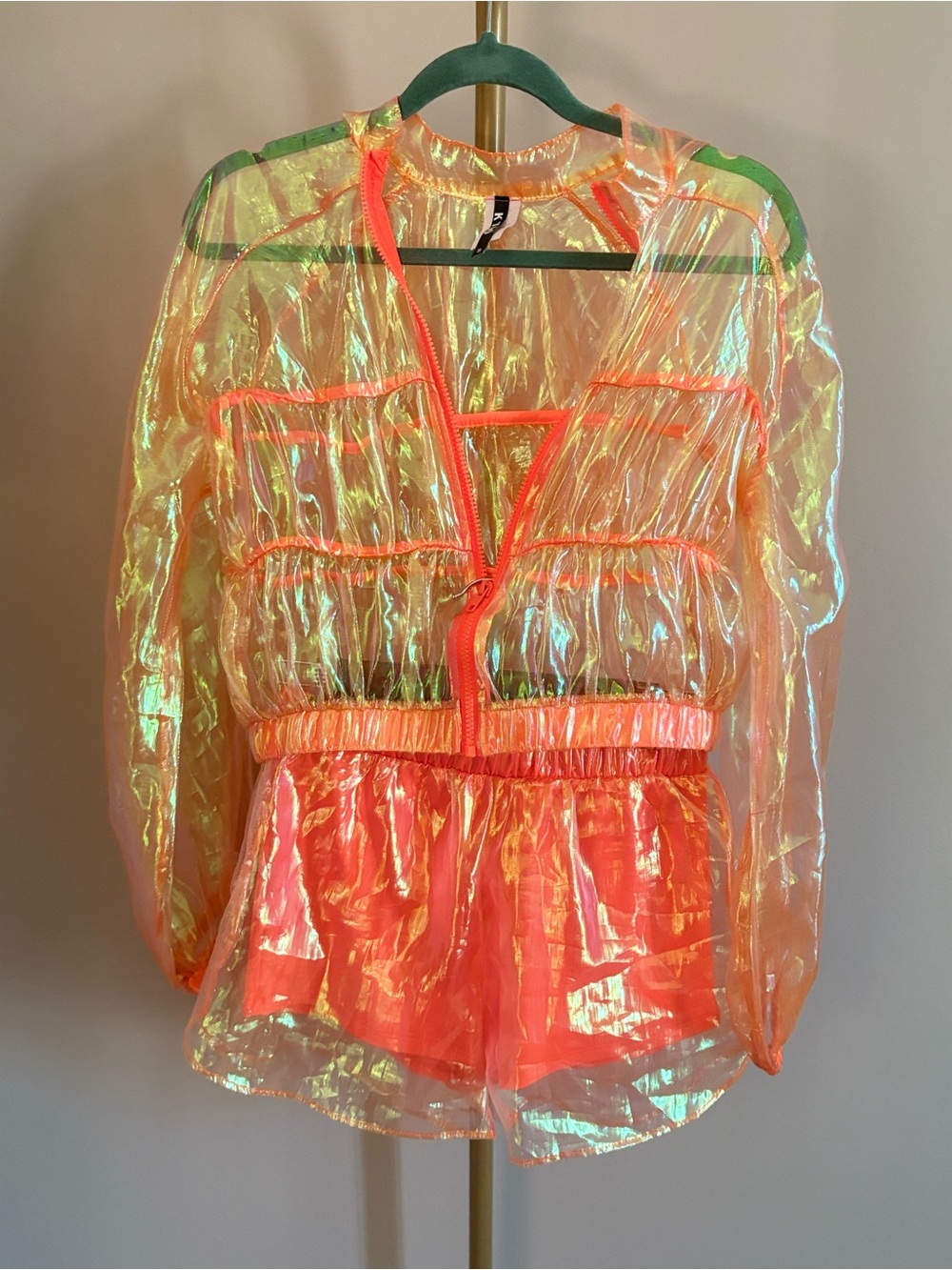 K Too Iridescent Neon Orange Sheer Jacket & Short Set